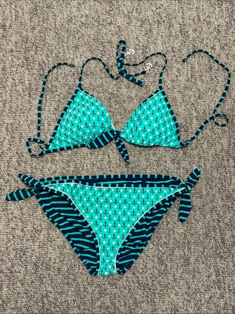 Sperry Blue & Green Reversible Stripes/Anchors Bikini Like New